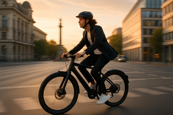Pendlar på sin e-bike genom en europeisk stad 2025, vilket illustrerar om e-bikes är värda det för stadsresor